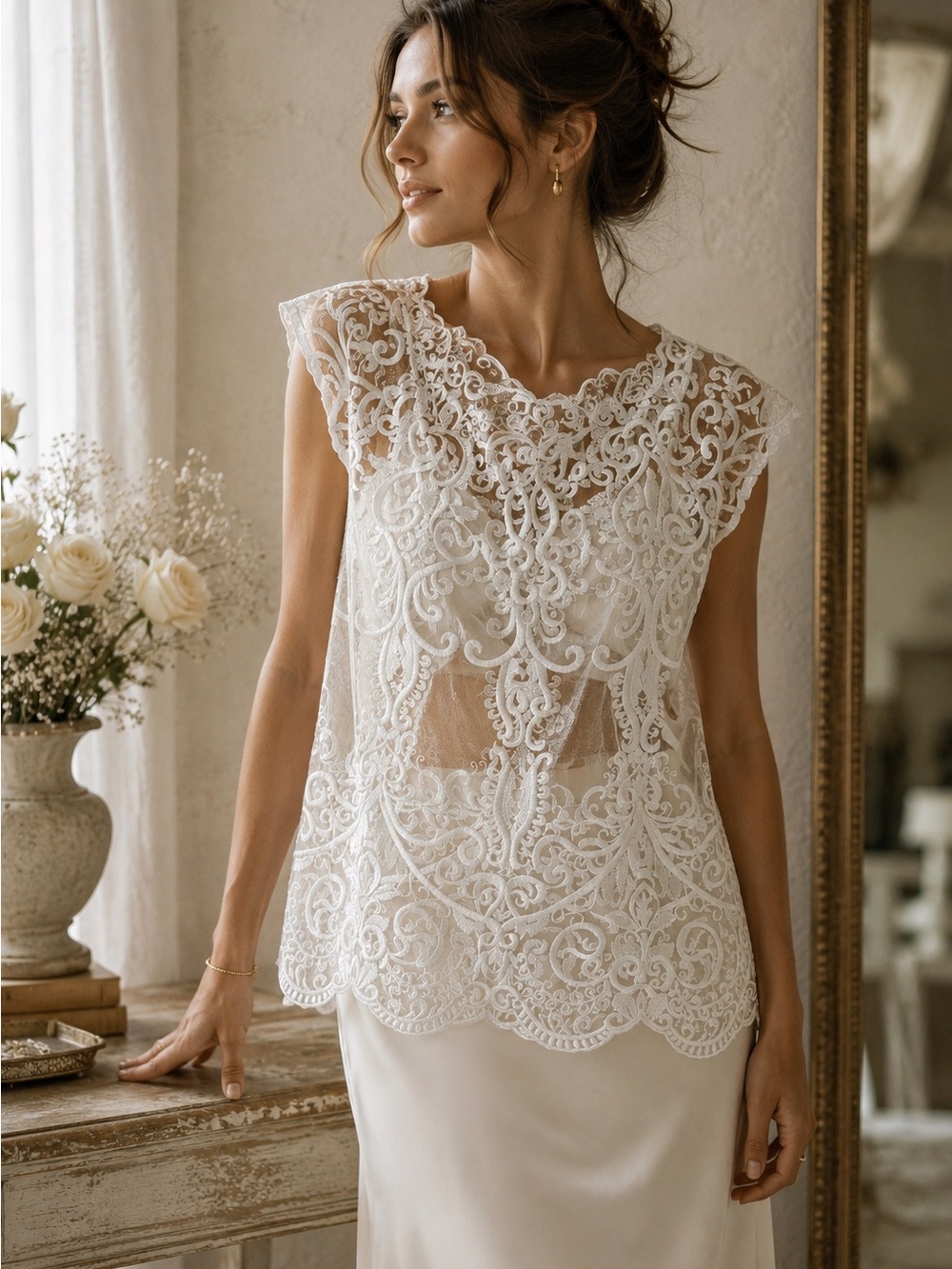 Vintage Inspired Bridal Lace Top Sheer Embroidered Overlay Ivory Wedding M BOHO
